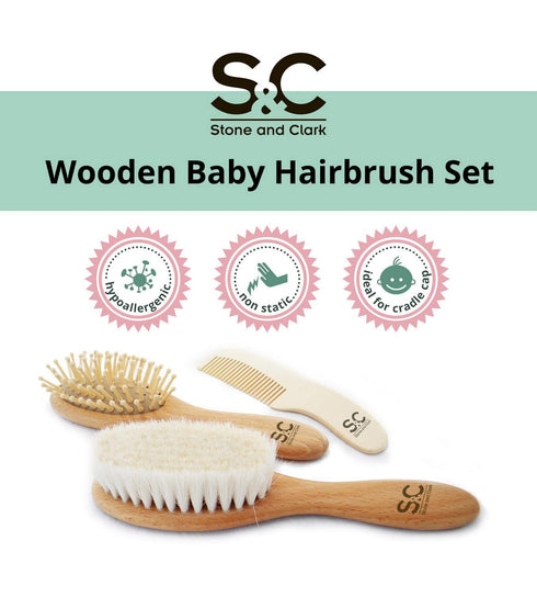 Baby Hair Brush and Comb Set for Newborn, Wooden Brush with Soft Goat Bristles, Baby Grooming Kit by Stone & Clark