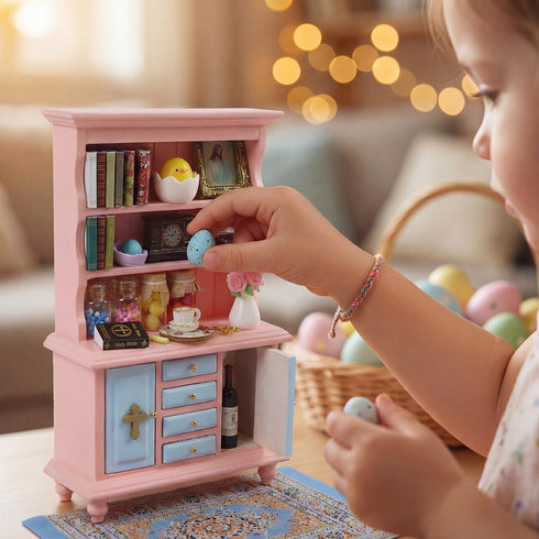 Set 40 1/12 Vintage Springtime Hutch - Pcs Dollhouse Miniatures Scale Accessories, Wooden Bookshelf with Books
