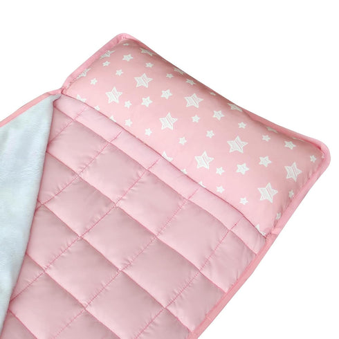 Moonsea Toddler Nap Mat Pink with Pillow and Fleece Minky Blanket, Lightweight Sleeping Bag for Kids