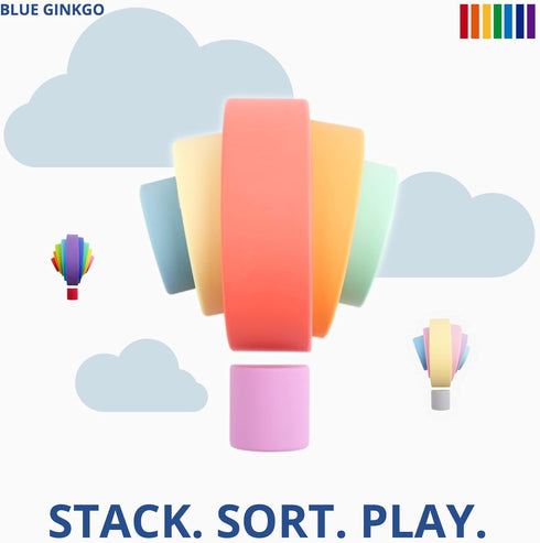 BLUE GINKGO Montessori Silicone Stacker, 6 Layer Rainbow Nesting Puzzle, Sensory Toy for Kids and Toddlers