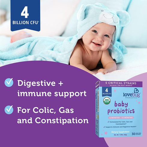 Lovebug Award Winning USDA Organic Probiotic for Babies | Multi-Strain 4 Billion CFU | Easy-to-Take Powder | 60 Packets
