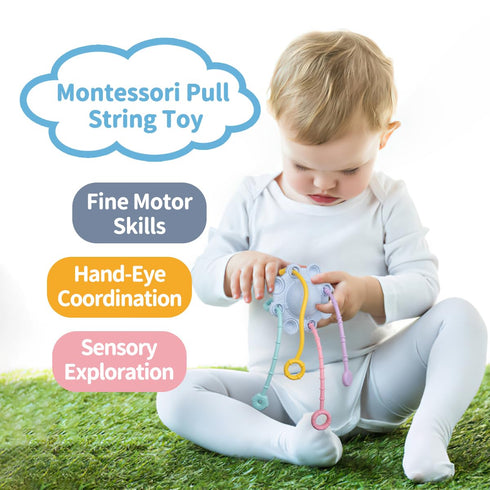 Montessori Pull String Toys for Baby, 100% Food Grade Silicone with Built-in Rattle Function, Easy to Clean (Blue)