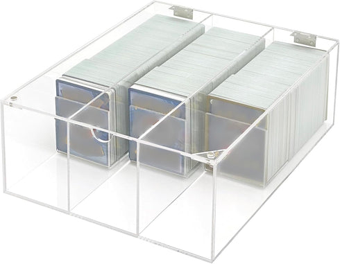 Bigfety Acrylic Card Deck Storage Box - 3 Compartment Clear Visible Trading Card Holder for Sport Cards