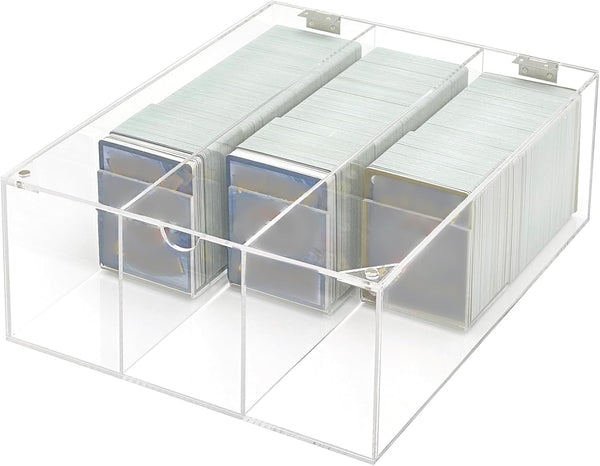 Bigfety Acrylic Card Deck Storage Box - 3 Compartment Clear Visible Trading Card Holder for Sport Cards