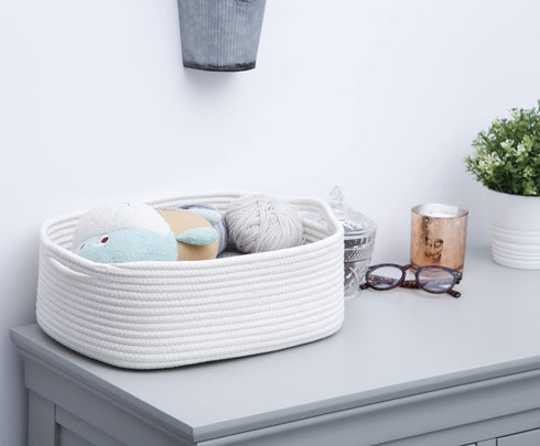 Woven Cotton Rope Storage Basket, White - Cube Organizer for Baby Nursery, Closet Towels, Small Dog Cat Toy Box