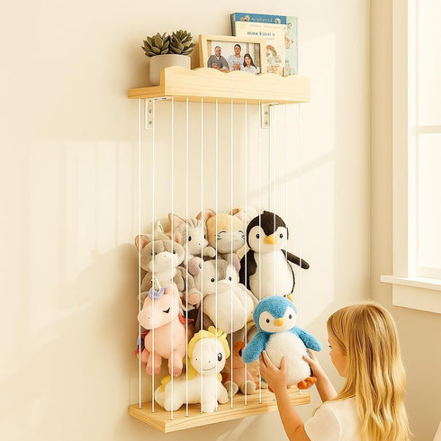 Adjustable Stuffed Animal Storage with Shelf (Patented) - Large Wooden Hanging Plush