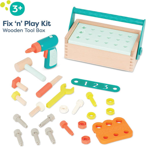 B. toys Fix ‘n’ Play Kit, Pretend Play Tool Box with Wooden Accessories, Carpenter Set for Kids 3 Years +