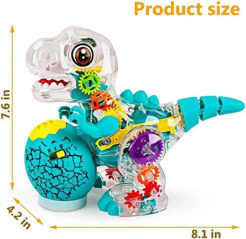 Nenekal Electric T-REX Dinosaur Toy with Transparent Gears, LED Lights, Music, Moving Wheels, STEM Toys for Toddlers
