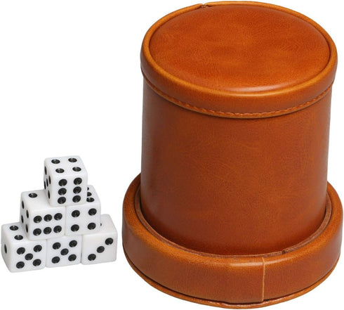 Leatherette Dice Cup with Lid, includes 6 Dices, Velvet Interior for Liars Dice Farkle Yahtzee Games, Brown
