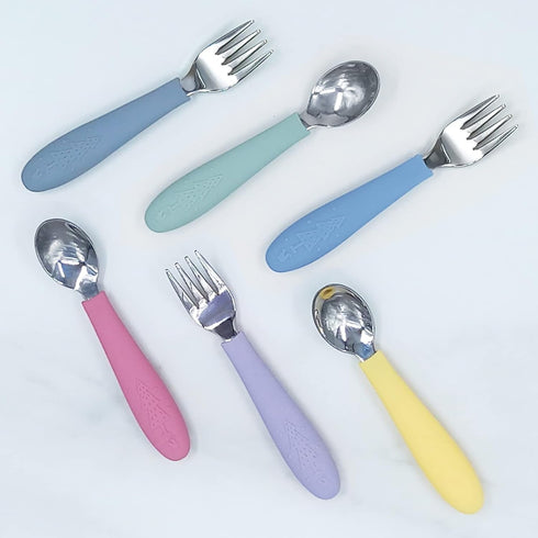 Elk and Friends Kids Silverware with Silicone Handle | Childrens Safe Flatware | Toddler Utensils | Baby Spoons + Forks | Stainless Steel Cutlery by Elk and Friends