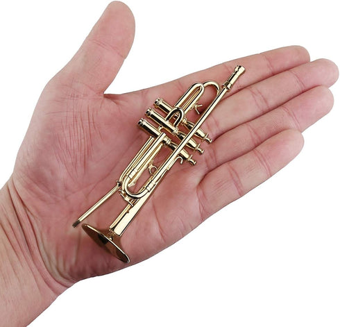 Dselvgvu Copper Miniature Trumpet with Stand and Case, Mini Musical Instrument for Dollhouse Model (4.65"x1.18")