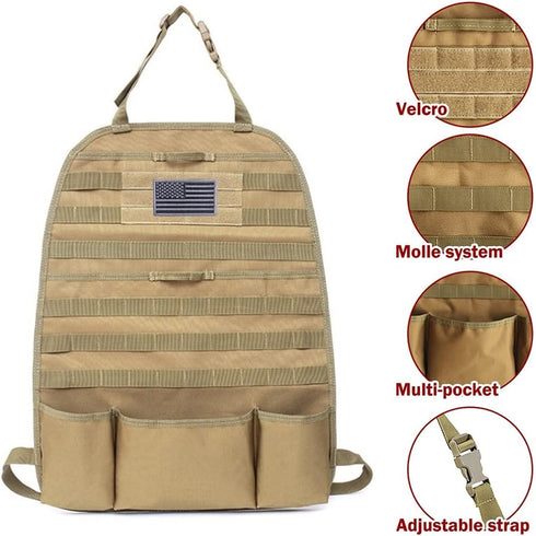Car Seat Back Organizer, Tactical Molle Nylon Vehicle Panel, Universal Fit Car Backseat Cover Protector, Tan