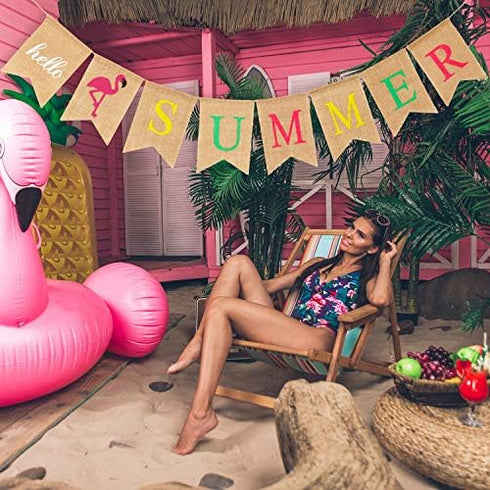 Hello Summer Burlap Banner Rustic Summer Decoration with Flamingo Pattern for Pool Party, Beach Party, Barbecue