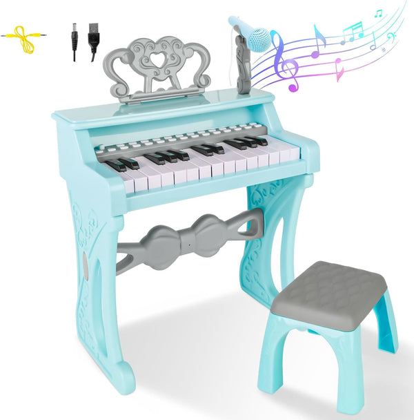 deAO Piano Keyboard Toy for Kids, 25 Keys Music Instruments with Microphone, Birthday Xmas Gift for Girls, Blue