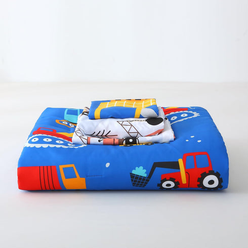 Set 4 Set Blue Cartoon Car Construction Toddler Bedding for Boys, Piece Reversible Truck Lightweight Toddler Comforter