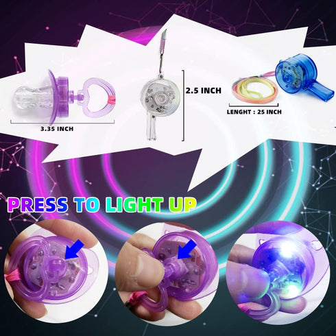 PROLOSO 20 10 10 PCS Light up Flashing Whistles Glow in the Dark Party Supplies Include Pacifier Whistles and Round