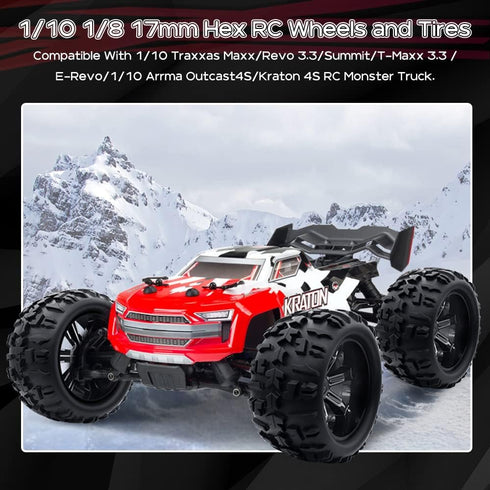 GLOBACT 1/8 1/10 17mm Hex RC Wheels and Tires - PreGlued for 1/10 TRX ERevo T-Maxx Summit