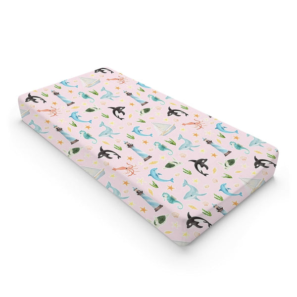Colorful Sea Animals Changing Pad Covers, Fitted Baby Changing Table Sheets with Ocean Whale, Dolphin, Turtle, 32''x16''