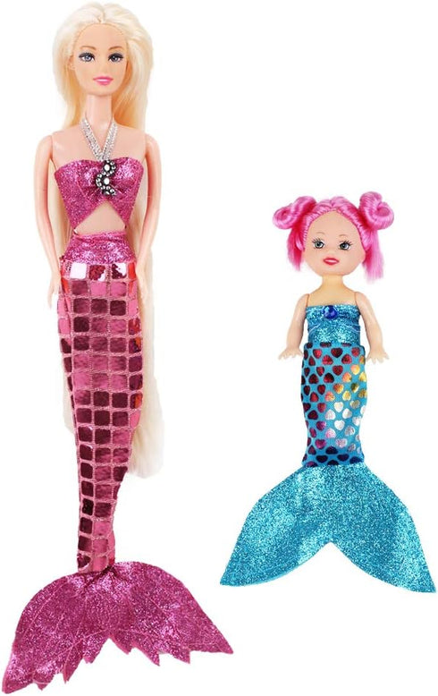 Princess Mermaid Dolls Playset, 12" Fashion Dress Doll with 4" Little Mermaid Seahorse Figurine and Accessories