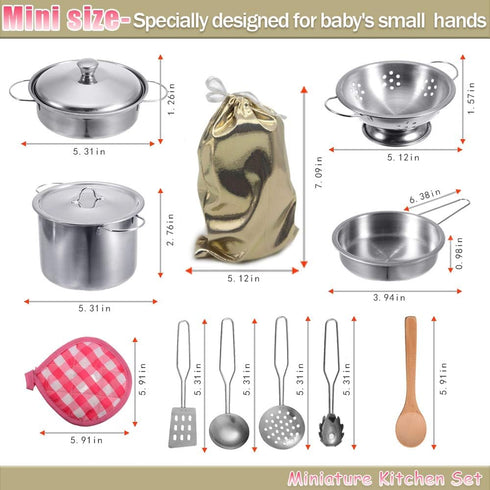 Play Pots and Pans Toys for Kids Kitchen Playset with Mini Stainless Steel Cooking Utensils for Toddlers & Girls