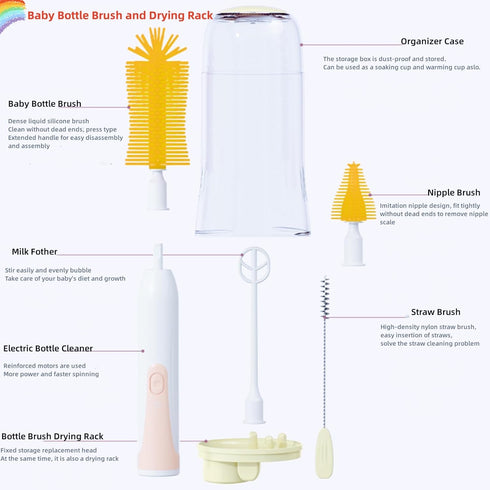 Travel Electric Baby Bottle Brush Set - Electric Bottle Cleaner, Water Bottle Brush, Nipple/Straw Brush, Milk Frother,