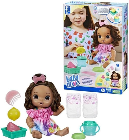 Baby Alive Fruity Sips Doll, Lemon, 12-inch Baby Doll Set with Drinks & Wets, Pretend Juicer for Kids