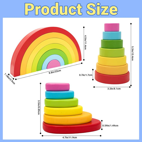 MEGRANATE Grimms 3+ Montessori Wooden Rainbow Stacking Toys for Baby Wood Building Blocks Nesting Puzzle Toy Colorful