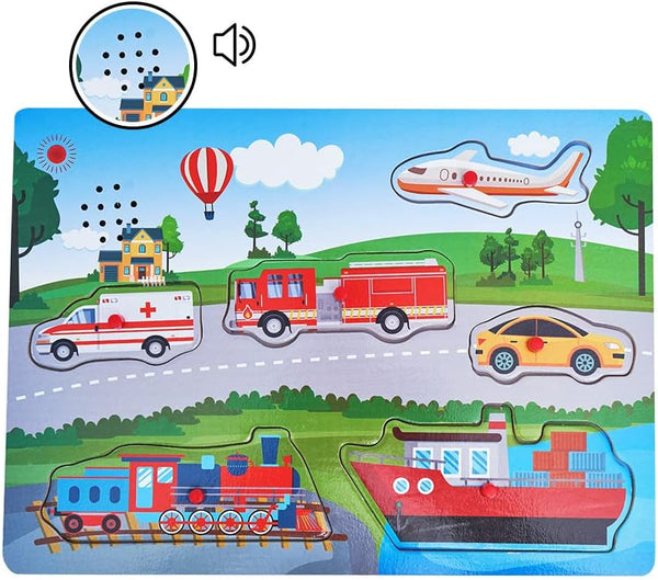 Wooden Transportation Sound Peg Puzzles for Toddlers, Educational Learning Toy Gift with Sound Effect
