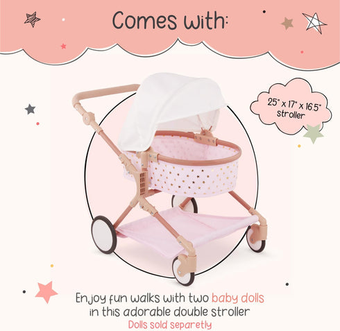 14-Inch 2+ LullaBaby Accessories Pink Toy Stroller with Gold Stars for Twins Foldable Canopy, Swivel Wheels & Storage