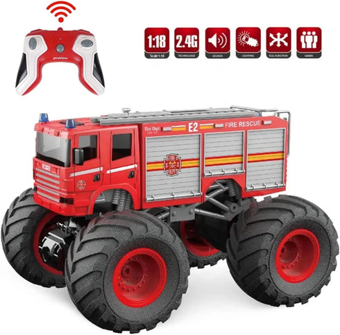 1:18 2.4GHz Remote Control Monster Truck - Scale RC Monster Fire Fighter, Big Wheel School Bus with Lights, Sounds