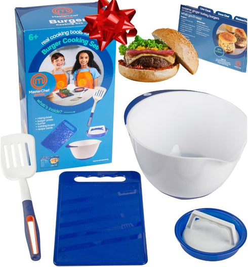 Masterchef Junior Kid's Burger Cooking Set - 9 Pc Kit with Real Cookware for Children, Bowl, Recipes, Hamburger Press