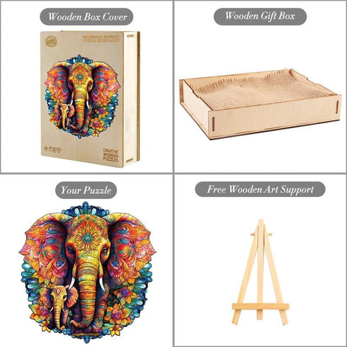 Wooden Puzzles for Adults, Mandala Elephant (L-280pcs) Unique Shaped Animal Wood Puzzles, Birthday Gift Family Game
