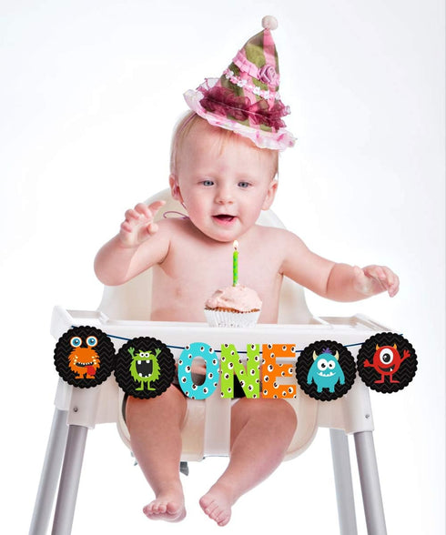 Cartoon Monster Theme First Birthday Party Decorations - Banner, Balloons, Cupcake Toppers for Boys Bday