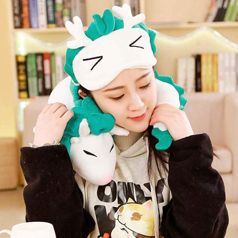 Dragon Neck Pillow - Cute Haku Anime Plush Doll Toy with Sleeping Eye Mask for Kids Travel Gift