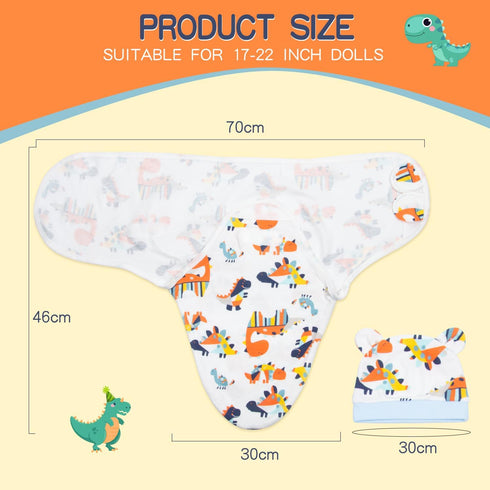 17-22 inch Reborn Baby Doll Clothes Swaddle Blanket Hat (Dinosaur Pattern) for Reborn Boy Baby Doll Clothing Adjustable
