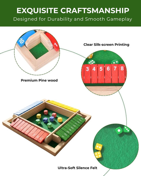 Pedolini 4 Shut the Box Game Wooden - Travel Size Way Close The Box Dice Game with Instructions - Math Learning Board