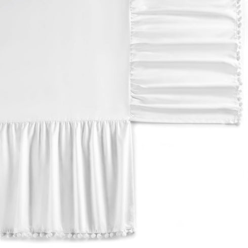 TILLYOU Ruffled Baby Crib Skirt with Pompoms, 28”x 52”, 14'' Drop, White for Girls and Boys