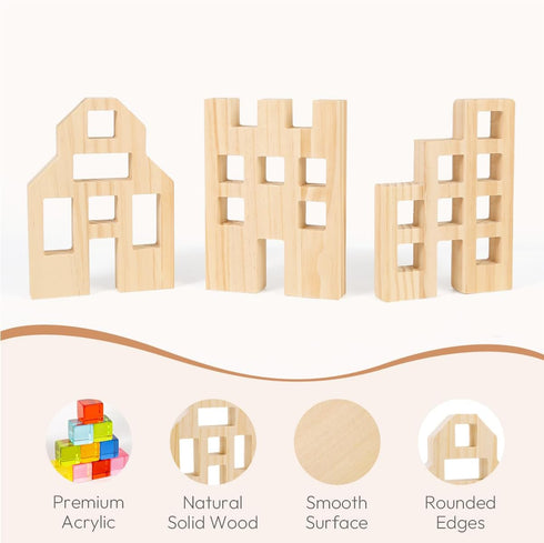 Wooden Building Blocks Set for Kids, 36 PCS Rainbow Acrylic Gem Cubes - Montessori Stacking Toy for Boys Girls 3-6