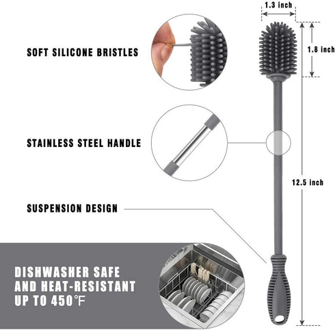 Silicone Bottle Cleaning Brush with Long Handle, 12.5" Water Bottle Cleaner for Baby Bottles and Glassware