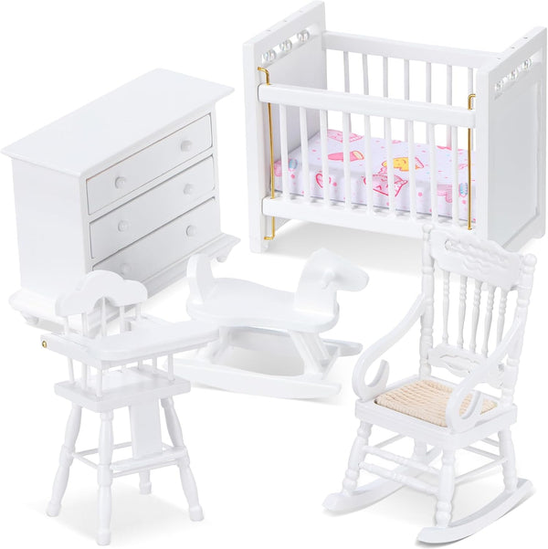 5 Pcs 1:12 Scale Wooden Dollhouse Furniture Set - White Miniature Wood Bedroom Accessories for Creative Play