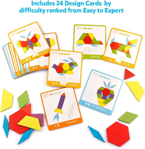 Set 130PCS 24 Coogam Wooden Pattern Blocks Geometric Color Shape Manipulative Puzzle Graphical Montessori Tangram Early