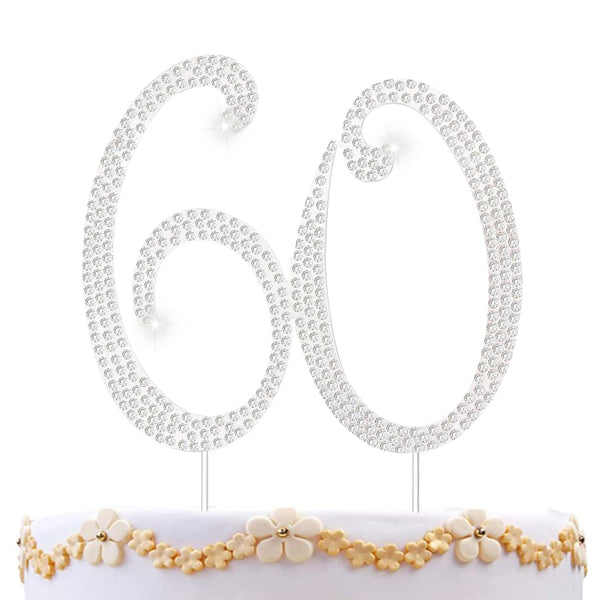 60th Birthday Decorations - 60 Cake Topper, Silver Rhinestone Diamond Bling Anniversary Wedding Cake Decoration
