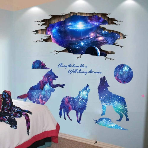 3D Blue Starry Sky Wolf Moon Wall Decals, Removable PVC Magic 3D Milky Way Outer Space Planet Wall Sticker