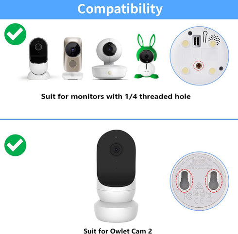 Flexible Clip Mount Compatible with Owlet, Motorola and Other Baby Monitor Camera with 1/4 Threaded Hole without Tools or Wall Damage - White