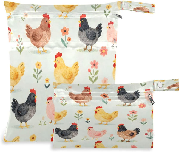 Haskirky Cartoon Chickens Floral 2 Pcs Cloth Diaper Wet Dry Bags,Waterproof and Washable