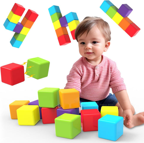 Magnetic Building Blocks Large, 1.65 inch Stacking Cubes for Toddlers, Sensory & Montessori Toys (12 PCS)
