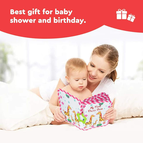 Baby Photo Album, Soft Cloth First Year Memory Book for Babies, Holds 4x6 Inch Photos (Pink)