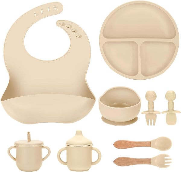 Silicone Baby Feeding Set 9 Pcs, Spill-Proof Suction Plate, Bowl, Bib, Silicone