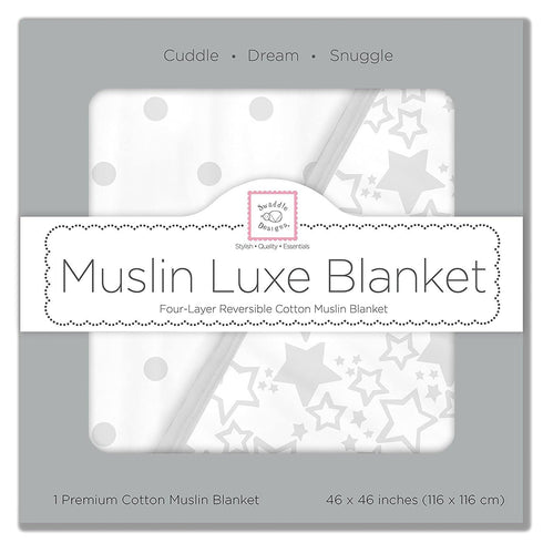 4-Layer 46x46 inches, SwaddleDesigns Cotton Muslin Luxe Blanket, Baby and Toddler Cuddle and Dream, Sterling Starshine