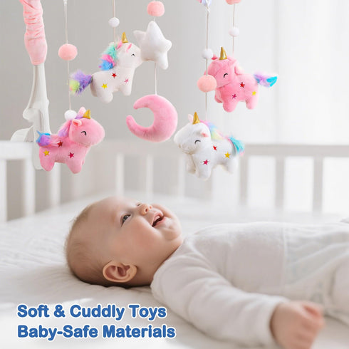 (100+ Unicorn Baby Crib Mobile for Girls with Music Box Lullabies), Rotating Plush Crib Toys for Newborns, Infant, Baby